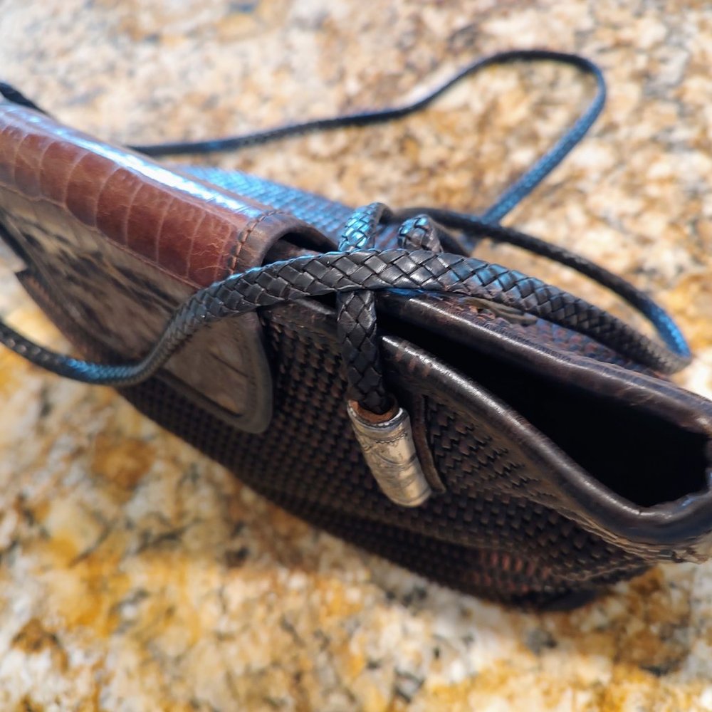 Brighton shoulder bag, brown weave with embossed panel, silver accents13X8" - Picture 12 of 15